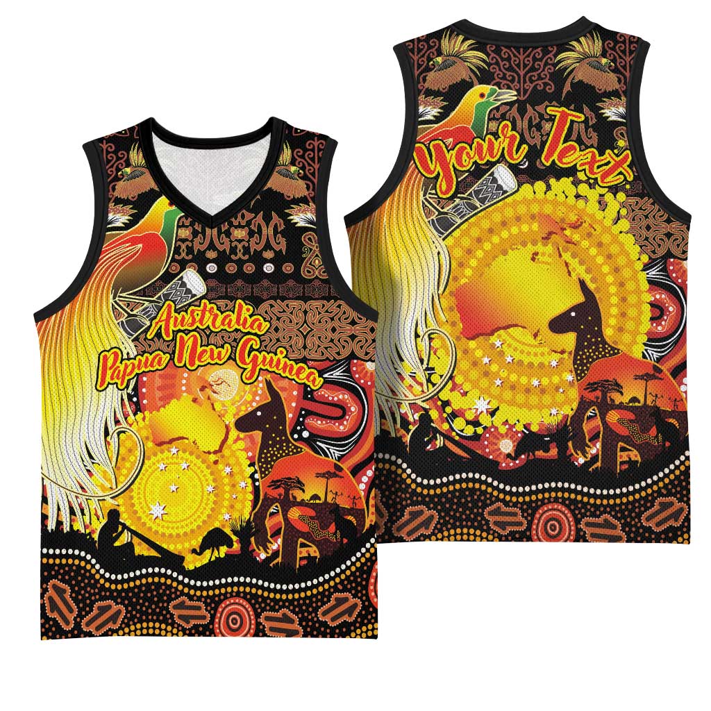 Personalized Australia and Papua New Guinea Together Basketball Jersey Kangaroo Aboriginal Art and Bird-of-paradise Oro Tribal Motifs - Polynesian Pride