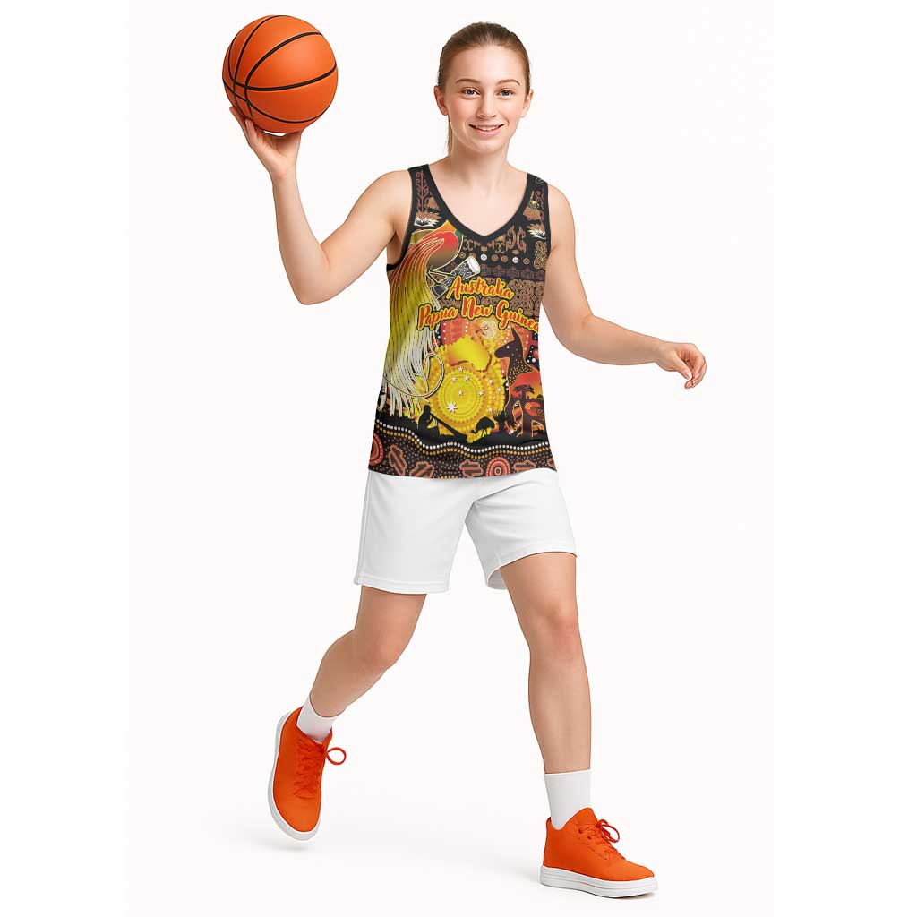 Personalized Australia and Papua New Guinea Together Basketball Jersey Kangaroo Aboriginal Art and Bird-of-paradise Oro Tribal Motifs - Polynesian Pride