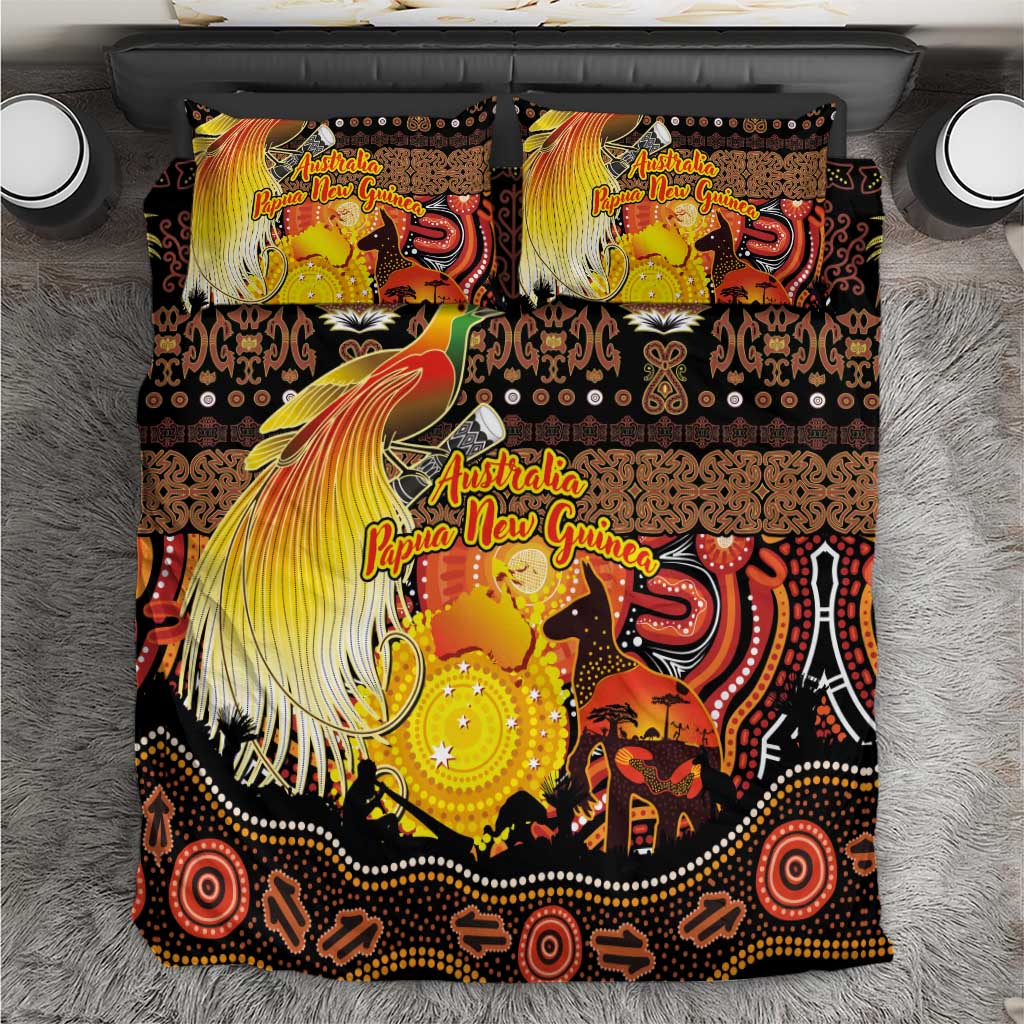 Australia and Papua New Guinea Together Bedding Set Kangaroo Aboriginal Art and Bird-of-paradise Oro Tribal Motifs - Polynesian Pride