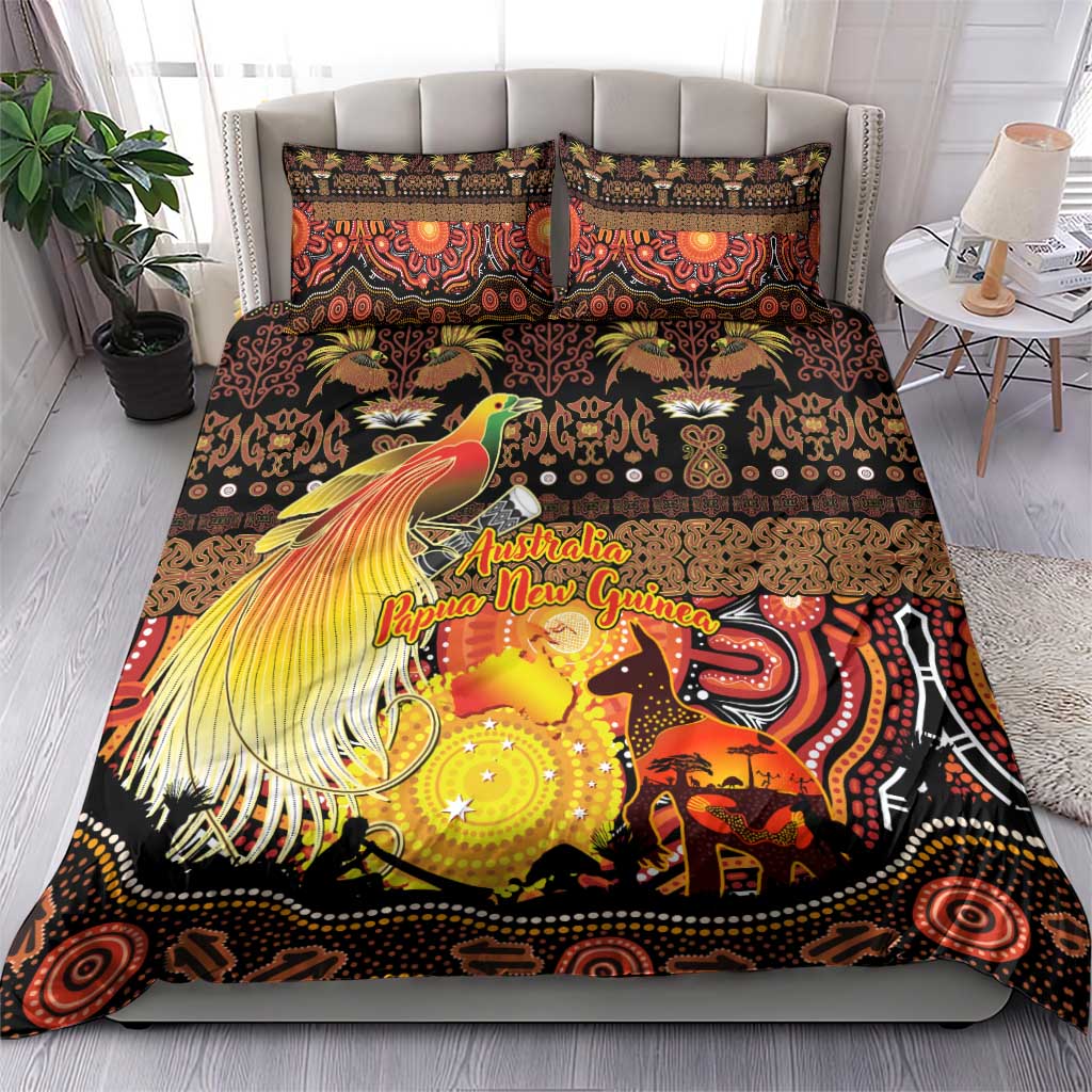 Australia and Papua New Guinea Together Bedding Set Kangaroo Aboriginal Art and Bird-of-paradise Oro Tribal Motifs - Polynesian Pride