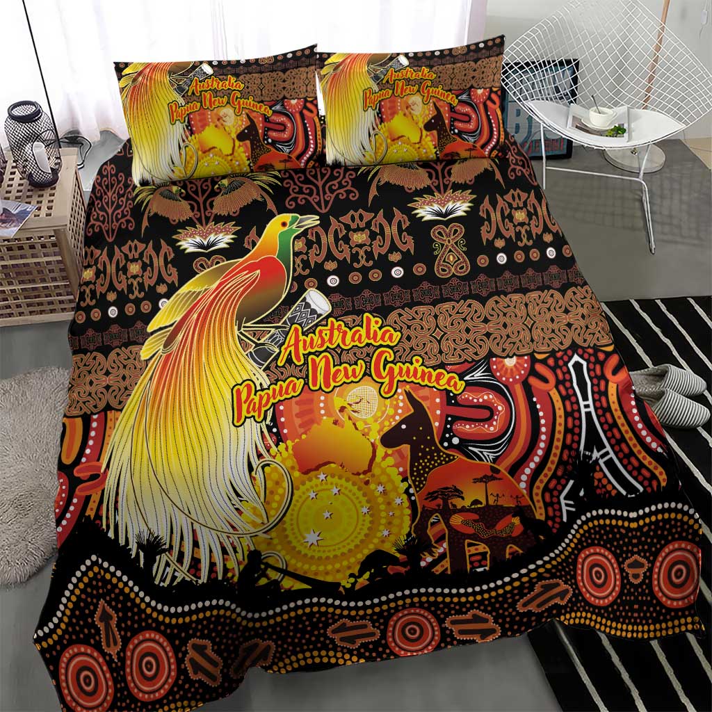 Australia and Papua New Guinea Together Bedding Set Kangaroo Aboriginal Art and Bird-of-paradise Oro Tribal Motifs - Polynesian Pride
