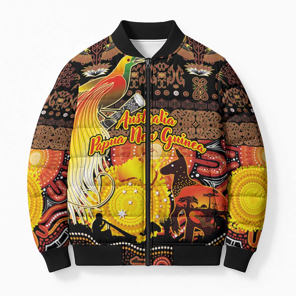 Personalized Australia and Papua New Guinea Together Bomber Puffer Jacket Kangaroo Aboriginal Art and Bird-of-paradise Oro Tribal Motifs - Polynesian Pride