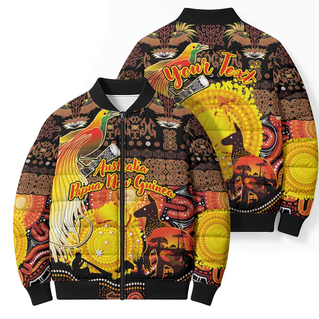 Personalized Australia and Papua New Guinea Together Bomber Puffer Jacket Kangaroo Aboriginal Art and Bird-of-paradise Oro Tribal Motifs - Polynesian Pride