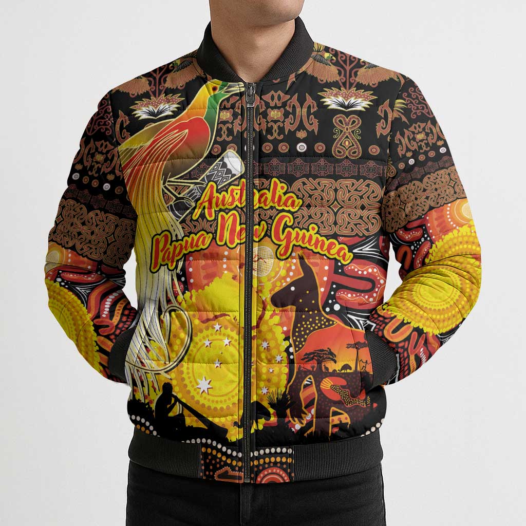 Personalized Australia and Papua New Guinea Together Bomber Puffer Jacket Kangaroo Aboriginal Art and Bird-of-paradise Oro Tribal Motifs - Polynesian Pride