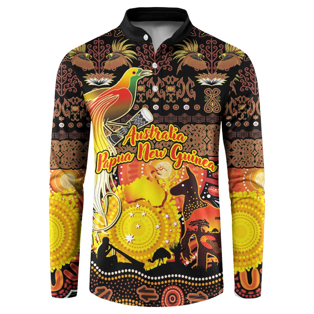 Personalized Australia and Papua New Guinea Together Button Sweatshirt Kangaroo Aboriginal Art and Bird-of-paradise Oro Tribal Motifs - Polynesian Pride