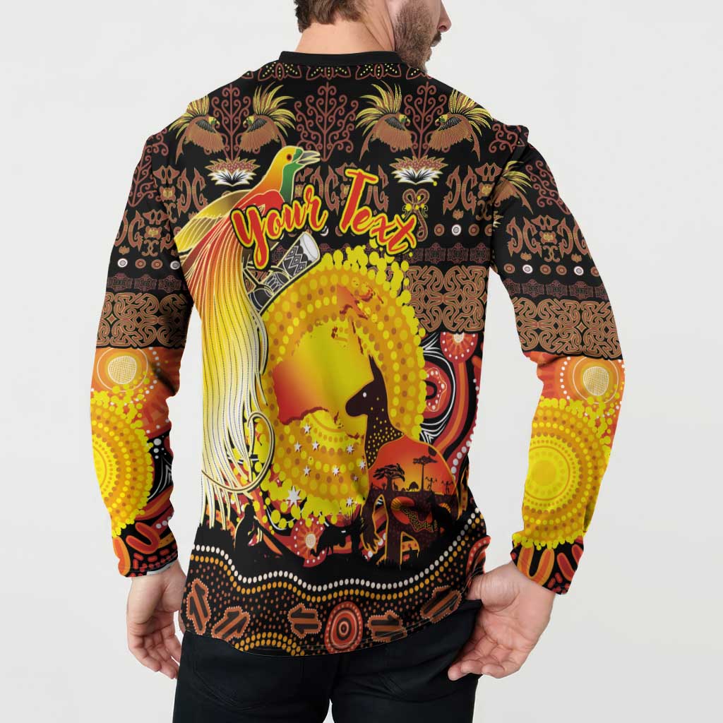 Personalized Australia and Papua New Guinea Together Button Sweatshirt Kangaroo Aboriginal Art and Bird-of-paradise Oro Tribal Motifs - Polynesian Pride