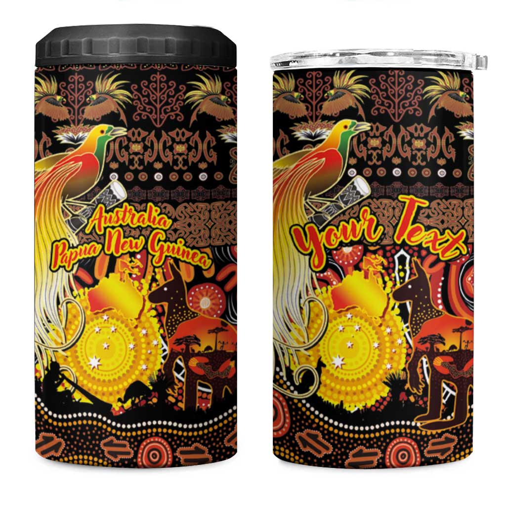 Personalized Australia and Papua New Guinea Together 4 in 1 Can Cooler Tumbler Kangaroo Aboriginal Art and Bird-of-paradise Oro Tribal Motifs - Polynesian Pride