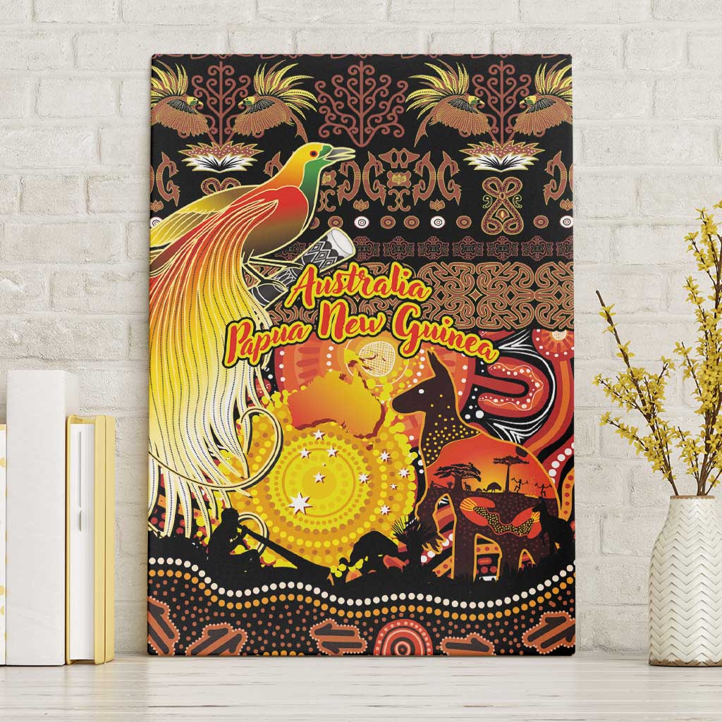 Australia and Papua New Guinea Together Canvas Wall Art Kangaroo Aboriginal Art and Bird-of-paradise Oro Tribal Motifs - Polynesian Pride
