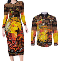 Personalized Australia and Papua New Guinea Together Couples Matching Long Sleeve Bodycon Dress and Long Sleeve Button Shirt Kangaroo Aboriginal Art and Bird-of-paradise Oro Tribal Motifs - Polynesian Pride