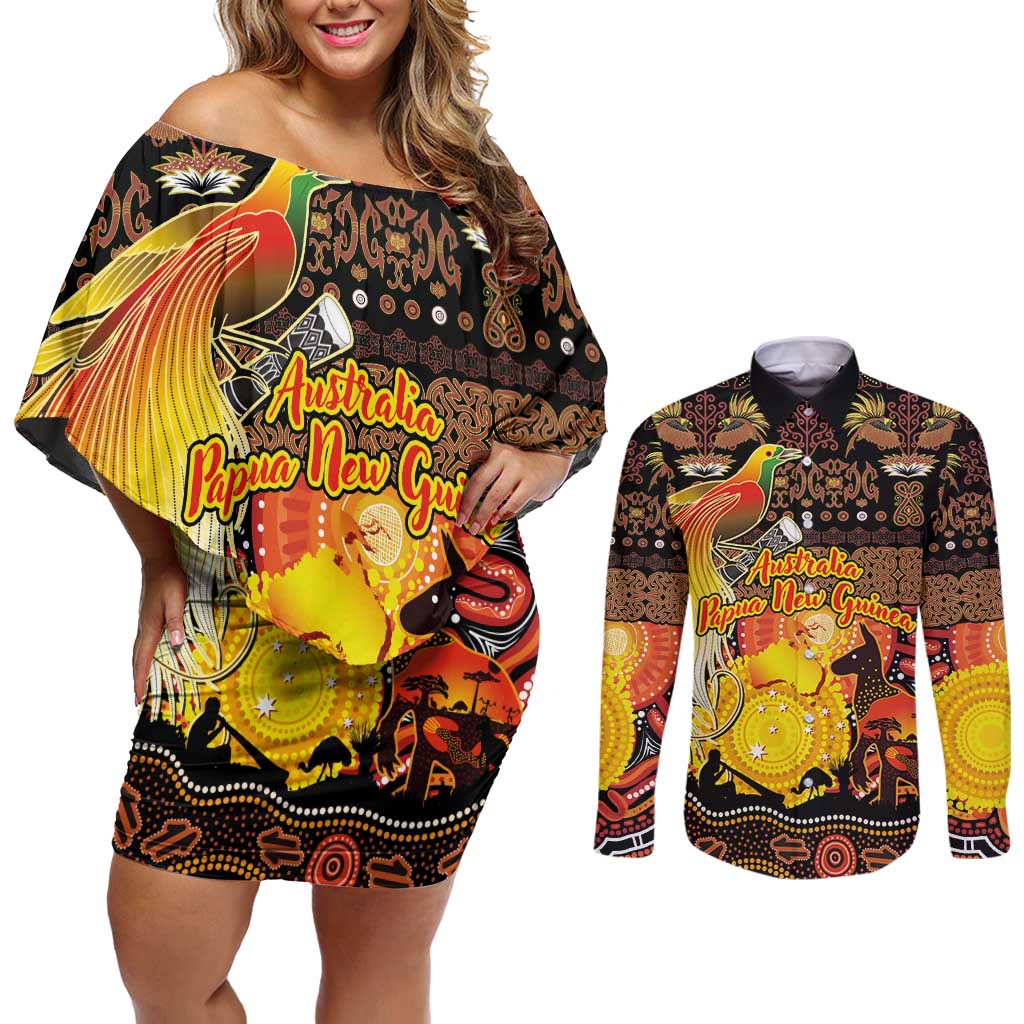 Personalized Australia and Papua New Guinea Together Couples Matching Off Shoulder Short Dress and Long Sleeve Button Shirt Kangaroo Aboriginal Art and Bird-of-paradise Oro Tribal Motifs - Polynesian Pride