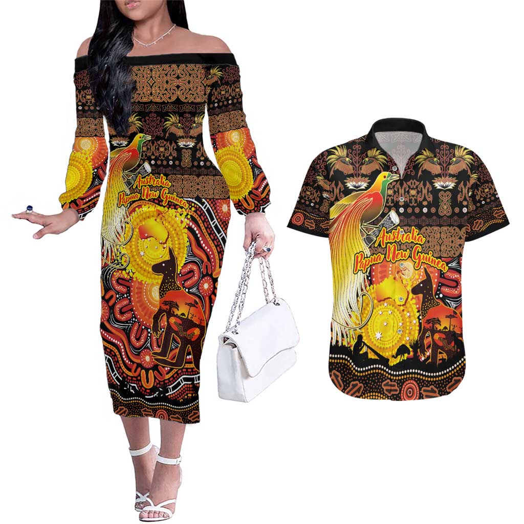 Personalized Australia and Papua New Guinea Together Couples Matching Off The Shoulder Long Sleeve Dress and Hawaiian Shirt Kangaroo Aboriginal Art and Bird-of-paradise Oro Tribal Motifs - Polynesian Pride