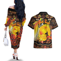 Personalized Australia and Papua New Guinea Together Couples Matching Off The Shoulder Long Sleeve Dress and Hawaiian Shirt Kangaroo Aboriginal Art and Bird-of-paradise Oro Tribal Motifs - Polynesian Pride