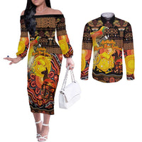 Personalized Australia and Papua New Guinea Together Couples Matching Off The Shoulder Long Sleeve Dress and Long Sleeve Button Shirt Kangaroo Aboriginal Art and Bird-of-paradise Oro Tribal Motifs - Polynesian Pride