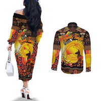 Personalized Australia and Papua New Guinea Together Couples Matching Off The Shoulder Long Sleeve Dress and Long Sleeve Button Shirt Kangaroo Aboriginal Art and Bird-of-paradise Oro Tribal Motifs - Polynesian Pride