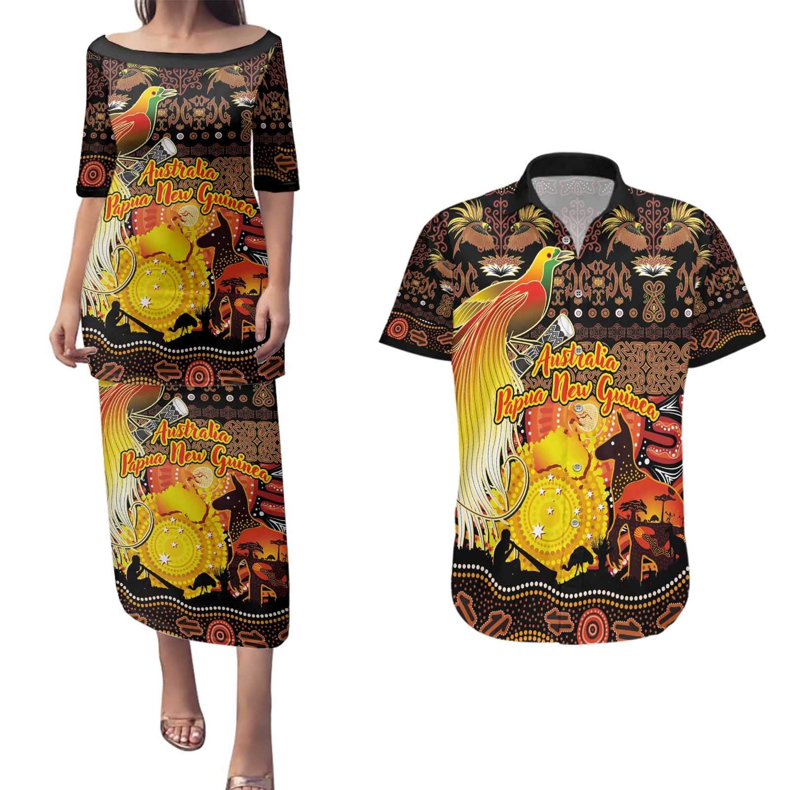 Personalized Australia and Papua New Guinea Together Couples Matching Puletasi and Hawaiian Shirt Kangaroo Aboriginal Art and Bird-of-paradise Oro Tribal Motifs - Polynesian Pride