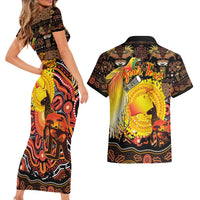 Personalized Australia and Papua New Guinea Together Couples Matching Short Sleeve Bodycon Dress and Hawaiian Shirt Kangaroo Aboriginal Art and Bird-of-paradise Oro Tribal Motifs - Polynesian Pride