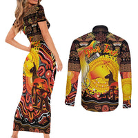 Personalized Australia and Papua New Guinea Together Couples Matching Short Sleeve Bodycon Dress and Long Sleeve Button Shirt Kangaroo Aboriginal Art and Bird-of-paradise Oro Tribal Motifs - Polynesian Pride