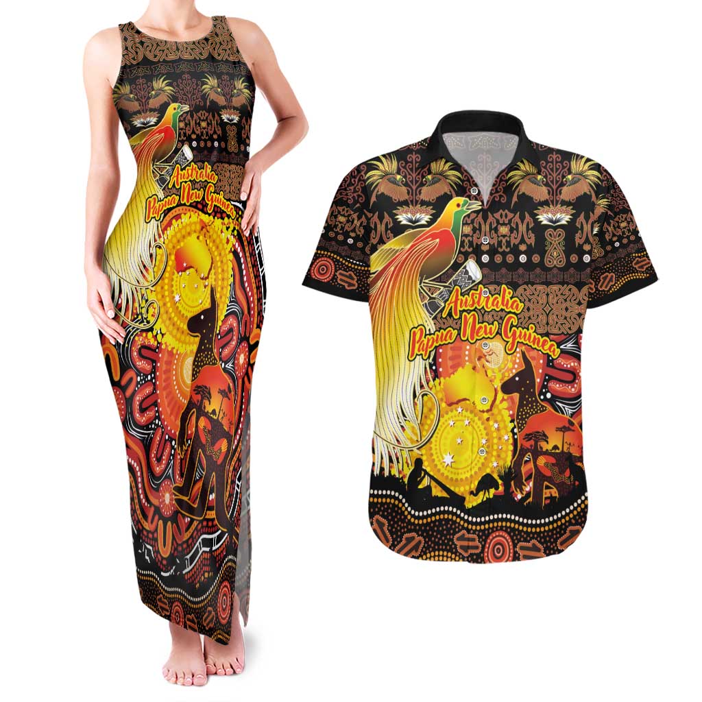 Personalized Australia and Papua New Guinea Together Couples Matching Tank Maxi Dress and Hawaiian Shirt Kangaroo Aboriginal Art and Bird-of-paradise Oro Tribal Motifs - Polynesian Pride