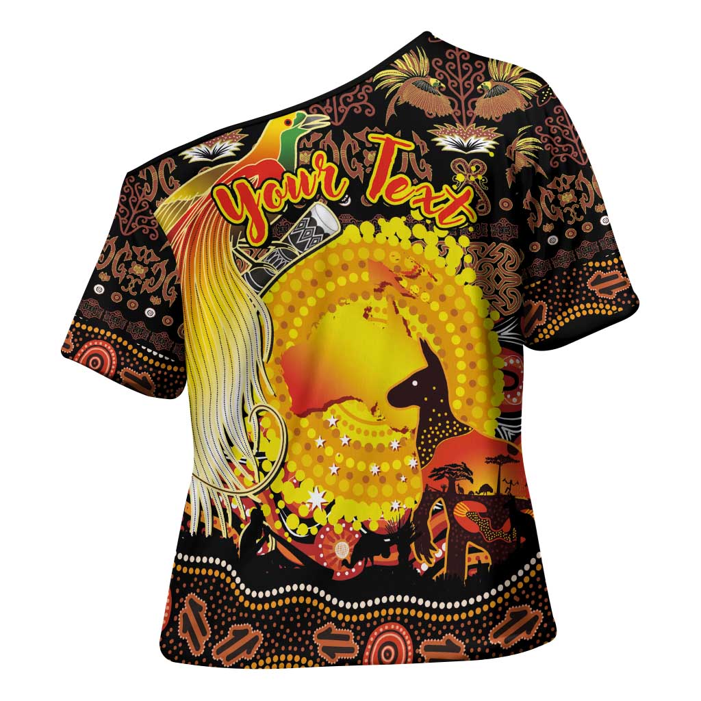 Personalized Australia and Papua New Guinea Together Cross Shoulder Shirt Kangaroo Aboriginal Art and Bird-of-paradise Oro Tribal Motifs - Polynesian Pride