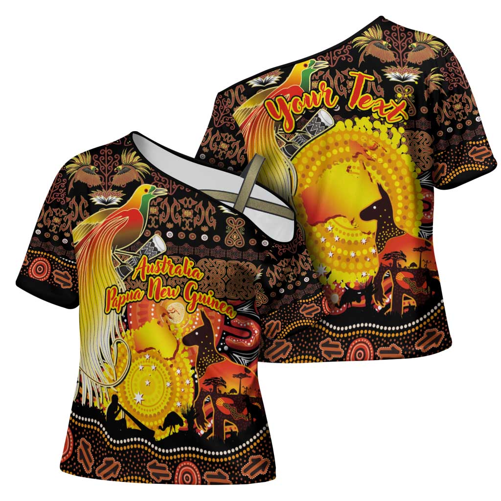 Personalized Australia and Papua New Guinea Together Cross Shoulder Shirt Kangaroo Aboriginal Art and Bird-of-paradise Oro Tribal Motifs - Polynesian Pride