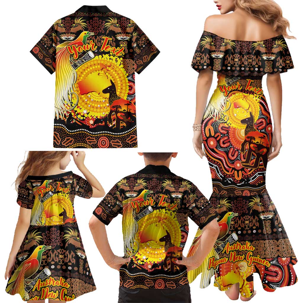 Personalized Australia and Papua New Guinea Together Family Matching Mermaid Dress and Hawaiian Shirt Kangaroo Aboriginal Art and Bird-of-paradise Oro Tribal Motifs - Polynesian Pride