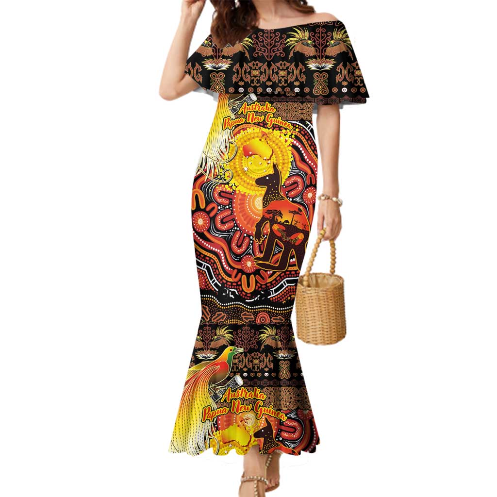 Personalized Australia and Papua New Guinea Together Family Matching Mermaid Dress and Hawaiian Shirt Kangaroo Aboriginal Art and Bird-of-paradise Oro Tribal Motifs - Polynesian Pride
