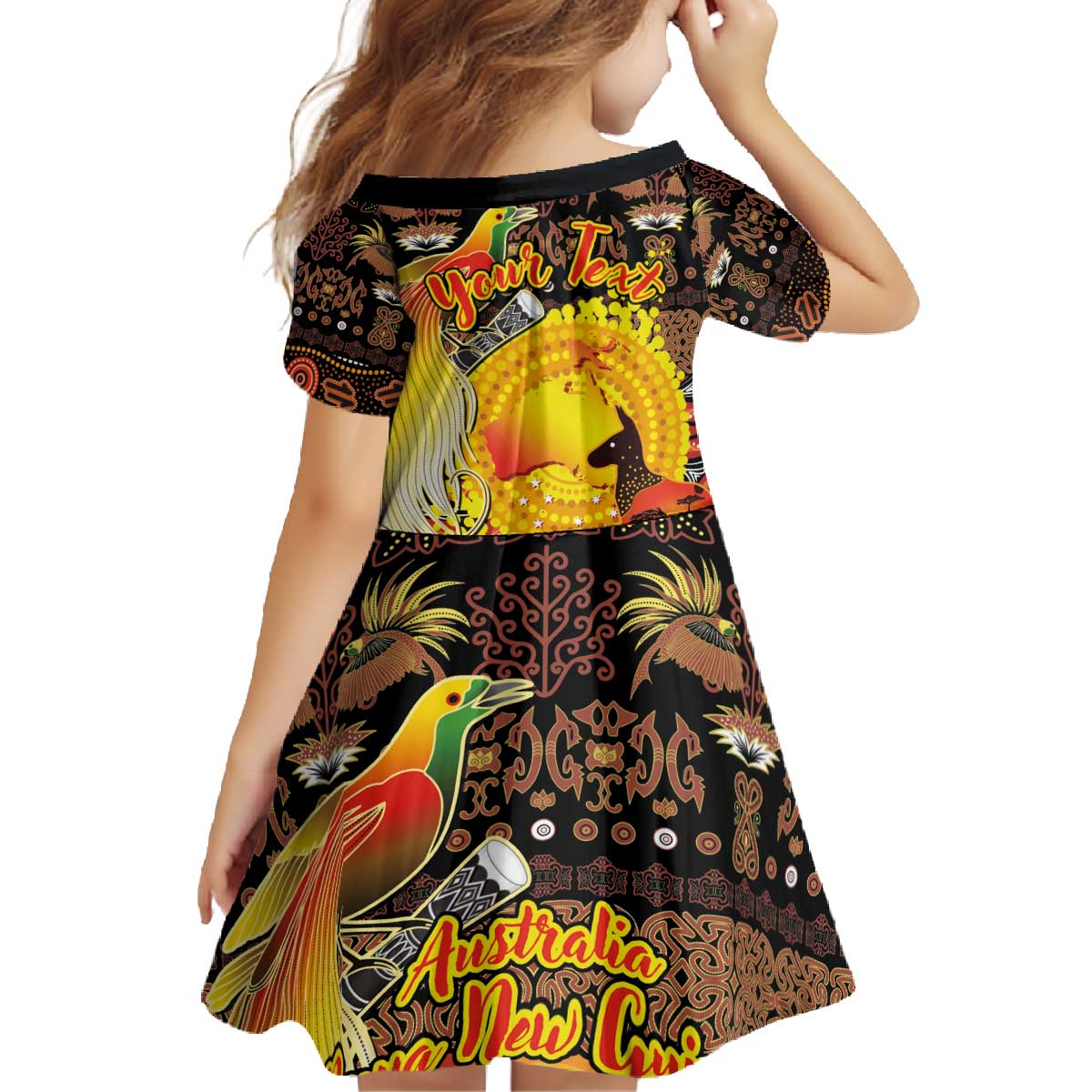 Personalized Australia and Papua New Guinea Together Family Matching Off The Shoulder Long Sleeve Dress and Hawaiian Shirt Kangaroo Aboriginal Art and Bird-of-paradise Oro Tribal Motifs - Polynesian Pride