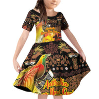 Personalized Australia and Papua New Guinea Together Family Matching Off Shoulder Short Dress and Hawaiian Shirt Kangaroo Aboriginal Art and Bird-of-paradise Oro Tribal Motifs - Polynesian Pride
