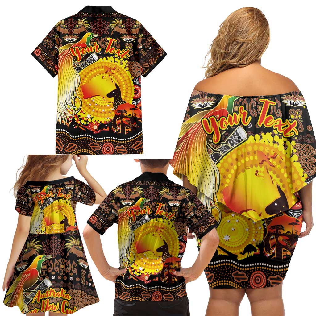 Personalized Australia and Papua New Guinea Together Family Matching Off Shoulder Short Dress and Hawaiian Shirt Kangaroo Aboriginal Art and Bird-of-paradise Oro Tribal Motifs - Polynesian Pride
