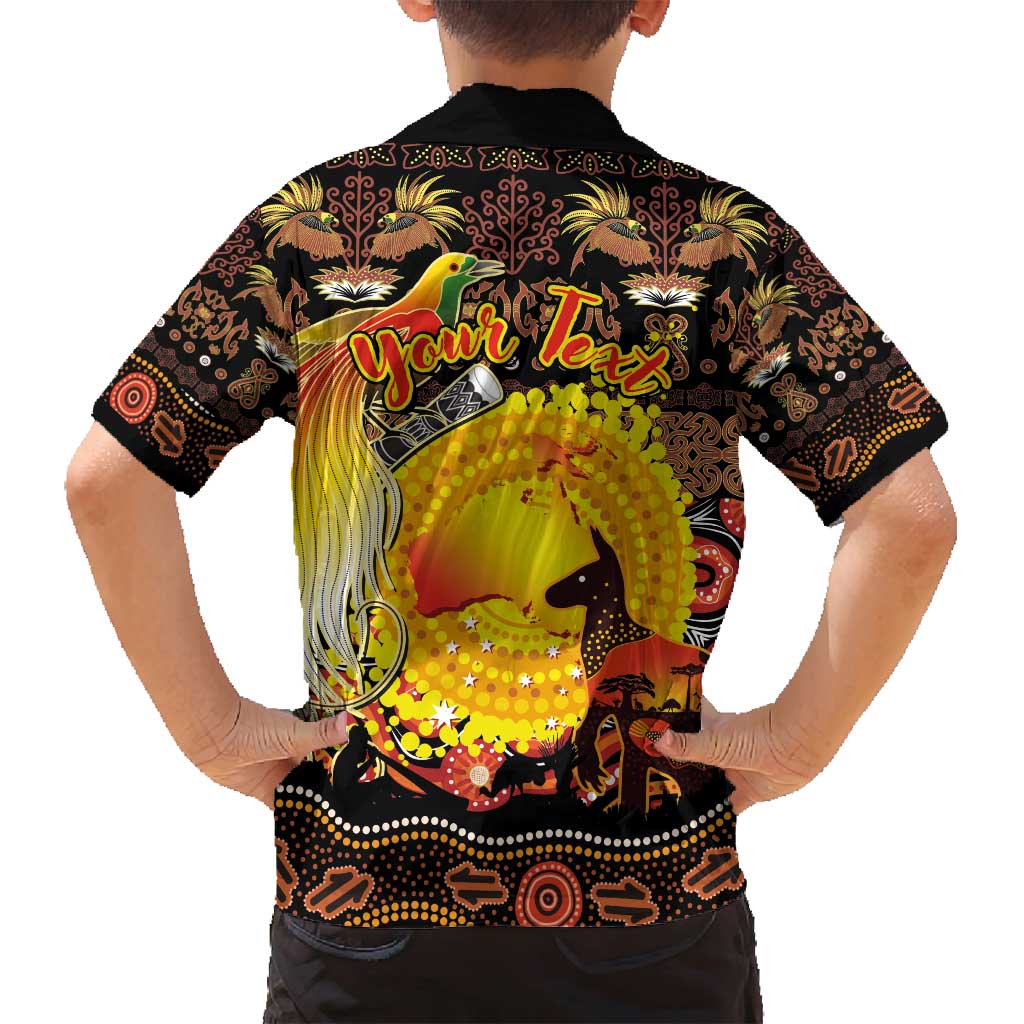 Personalized Australia and Papua New Guinea Together Family Matching Puletasi and Hawaiian Shirt Kangaroo Aboriginal Art and Bird-of-paradise Oro Tribal Motifs - Polynesian Pride