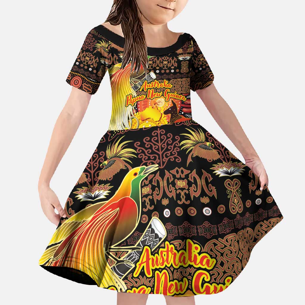 Personalized Australia and Papua New Guinea Together Family Matching Short Sleeve Bodycon Dress and Hawaiian Shirt Kangaroo Aboriginal Art and Bird-of-paradise Oro Tribal Motifs - Polynesian Pride