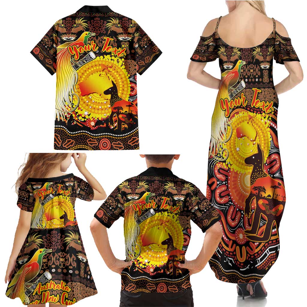 Personalized Australia and Papua New Guinea Together Family Matching Summer Maxi Dress and Hawaiian Shirt Kangaroo Aboriginal Art and Bird-of-paradise Oro Tribal Motifs - Polynesian Pride