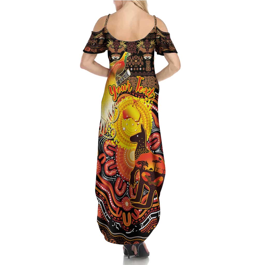 Personalized Australia and Papua New Guinea Together Family Matching Summer Maxi Dress and Hawaiian Shirt Kangaroo Aboriginal Art and Bird-of-paradise Oro Tribal Motifs - Polynesian Pride
