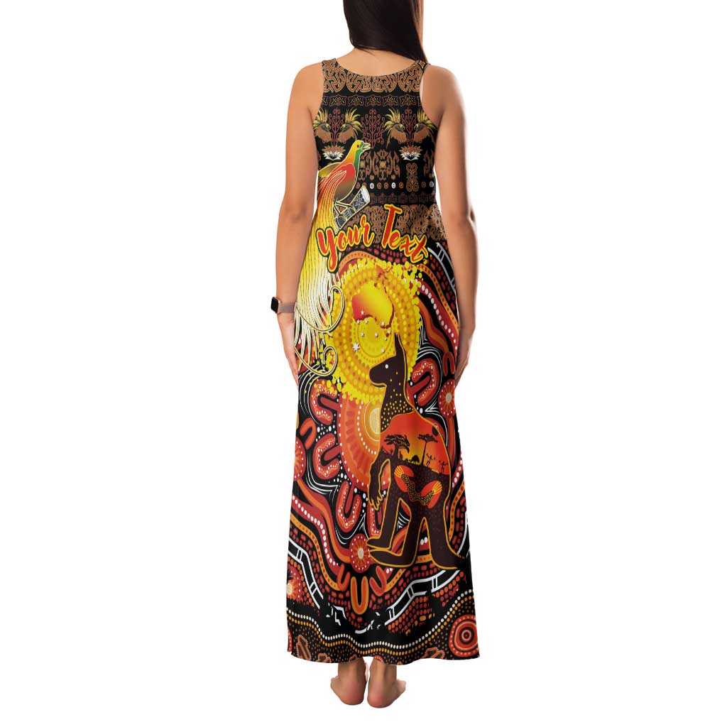 Personalized Australia and Papua New Guinea Together Family Matching Tank Maxi Dress and Hawaiian Shirt Kangaroo Aboriginal Art and Bird-of-paradise Oro Tribal Motifs - Polynesian Pride