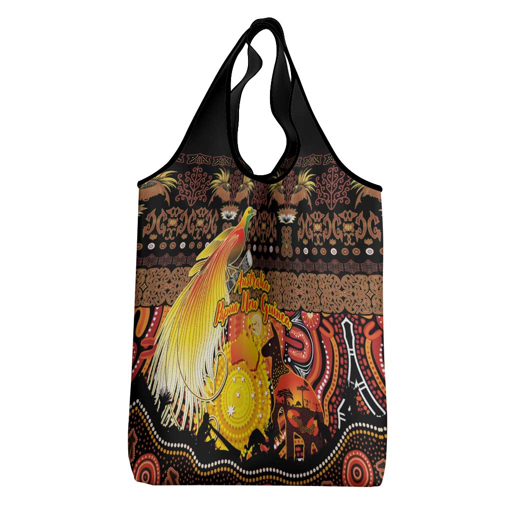 Australia and Papua New Guinea Together Grocery Bag Kangaroo Aboriginal Art and Bird-of-paradise Oro Tribal Motifs - Polynesian Pride
