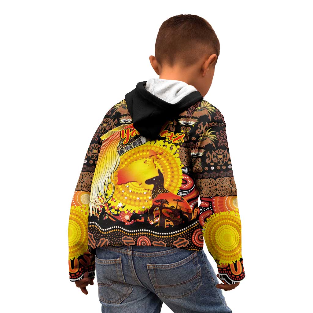 Personalized Australia and Papua New Guinea Together Kid Hoodie Kangaroo Aboriginal Art and Bird-of-paradise Oro Tribal Motifs - Polynesian Pride