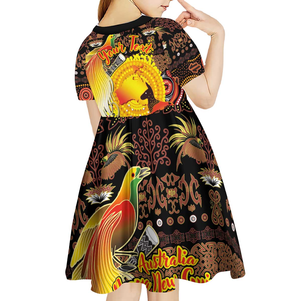 Personalized Australia and Papua New Guinea Together Kid Short Sleeve Dress Kangaroo Aboriginal Art and Bird-of-paradise Oro Tribal Motifs - Polynesian Pride