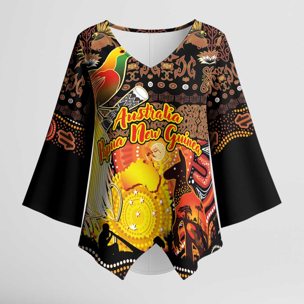 Personalized Australia and Papua New Guinea Together Kimono Sleeve Blouse Kangaroo Aboriginal Art and Bird-of-paradise Oro Tribal Motifs - Polynesian Pride