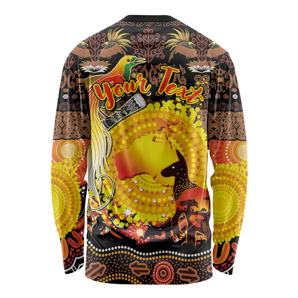 Personalized Australia and Papua New Guinea Together Long Sleeve Shirt Kangaroo Aboriginal Art and Bird-of-paradise Oro Tribal Motifs - Polynesian Pride