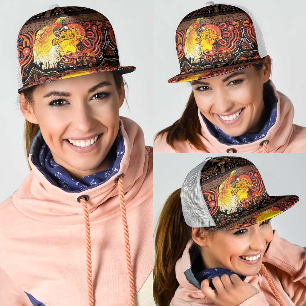 Australia and Papua New Guinea Together Mesh Trucker Cap Kangaroo Aboriginal Art and Bird-of-paradise with Oro Tribal Motifs - Polynesian Pride