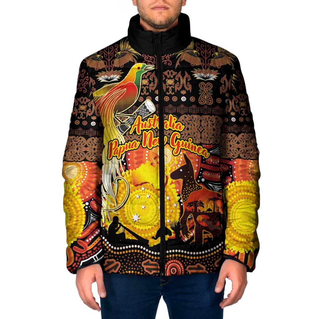 Personalized Australia and Papua New Guinea Together Padded Jacket Kangaroo Aboriginal Art and Bird-of-paradise Oro Tribal Motifs - Polynesian Pride