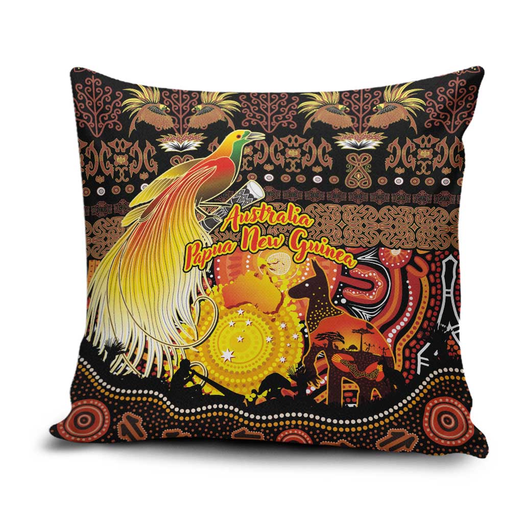 Australia and Papua New Guinea Together Pillow Cover Kangaroo Aboriginal Art and Bird-of-paradise Oro Tribal Motifs - Polynesian Pride