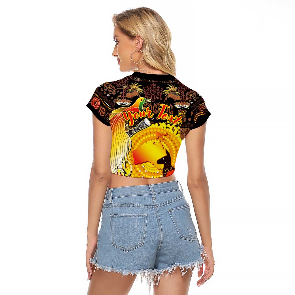 Personalized Australia and Papua New Guinea Together Raglan Cropped T Shirt Kangaroo Aboriginal Art and Bird-of-paradise Oro Tribal Motifs - Polynesian Pride