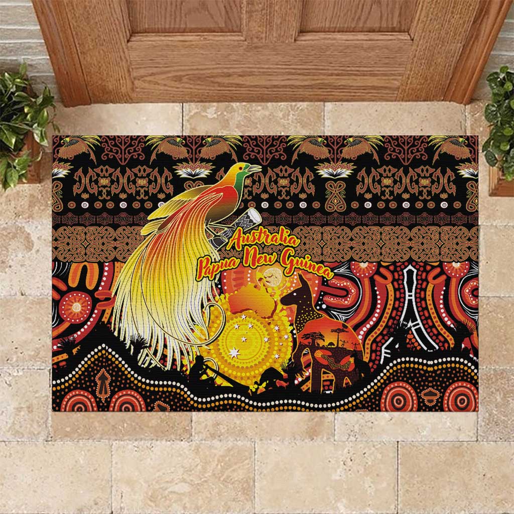 Australia and Papua New Guinea Together Rubber Doormat Kangaroo Aboriginal Art and Bird-of-paradise Oro Tribal Motifs - Polynesian Pride