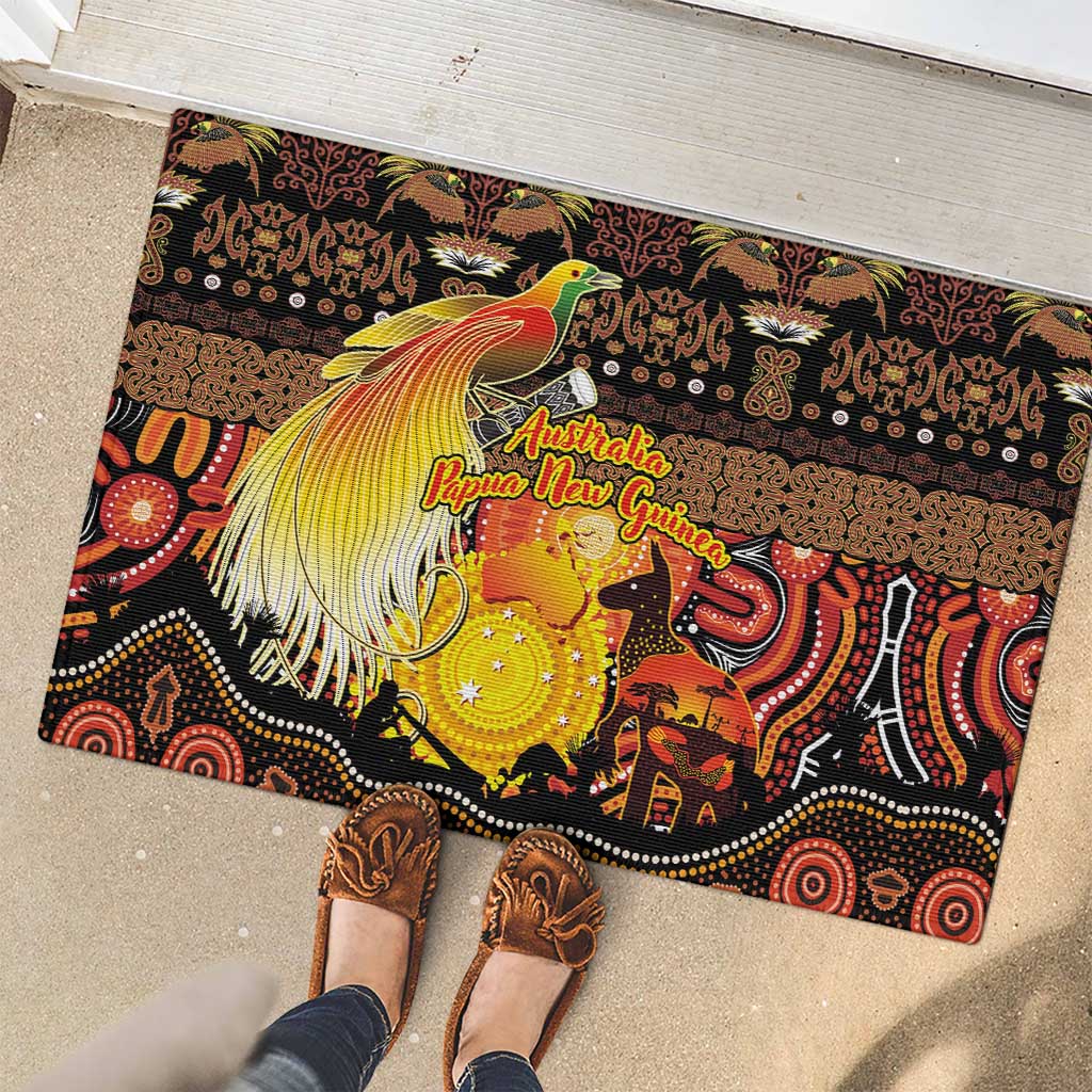 Australia and Papua New Guinea Together Rubber Doormat Kangaroo Aboriginal Art and Bird-of-paradise Oro Tribal Motifs - Polynesian Pride