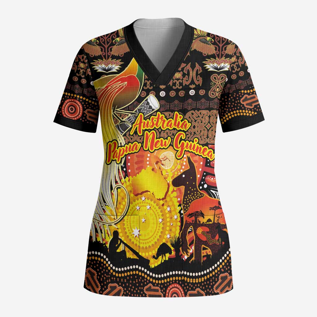 Personalized Australia and Papua New Guinea Together Scrub Top Kangaroo Aboriginal Art and Bird-of-paradise Oro Tribal Motifs - Polynesian Pride