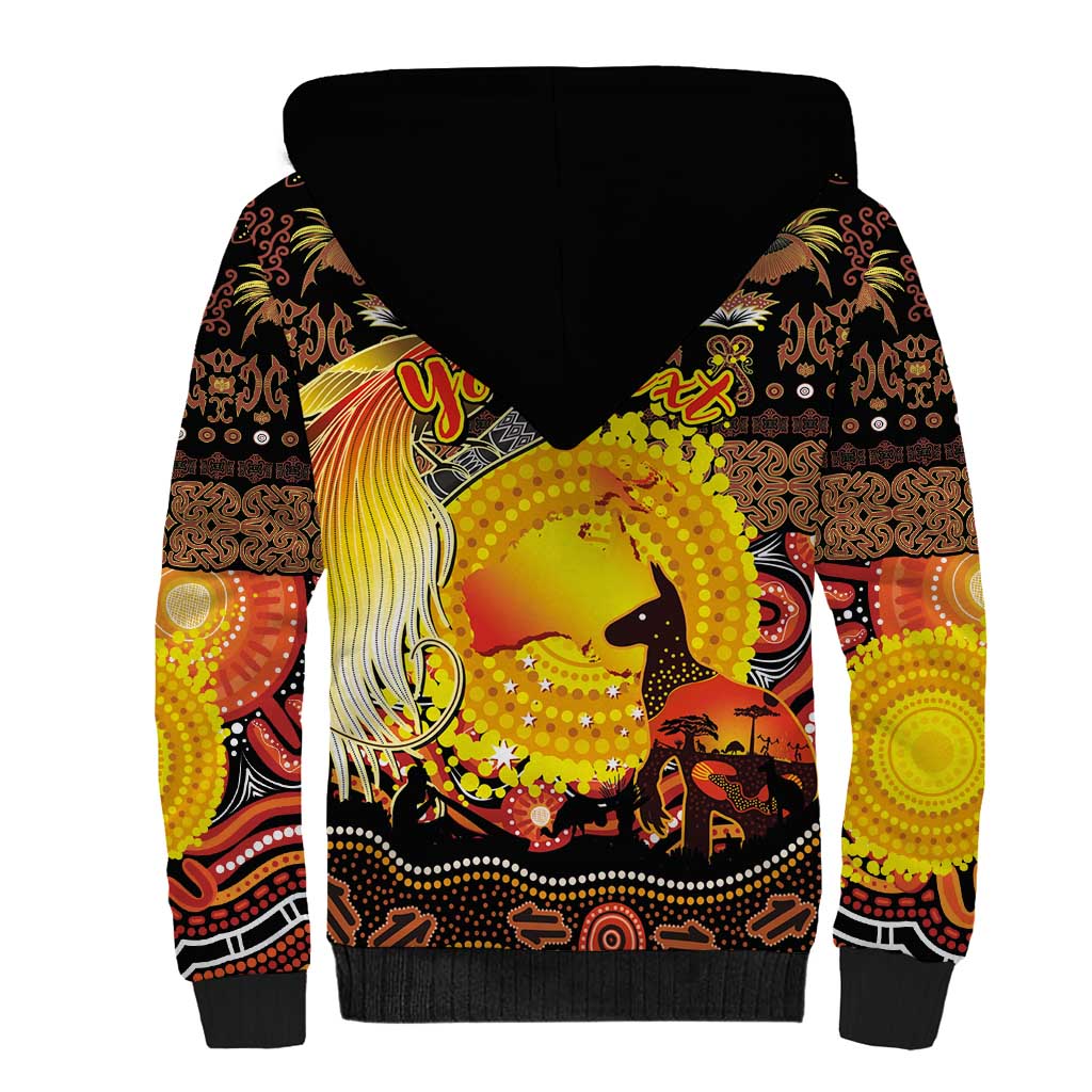 Personalized Australia and Papua New Guinea Together Sherpa Hoodie Kangaroo Aboriginal Art and Bird-of-paradise Oro Tribal Motifs LT03 - Polynesian Pride
