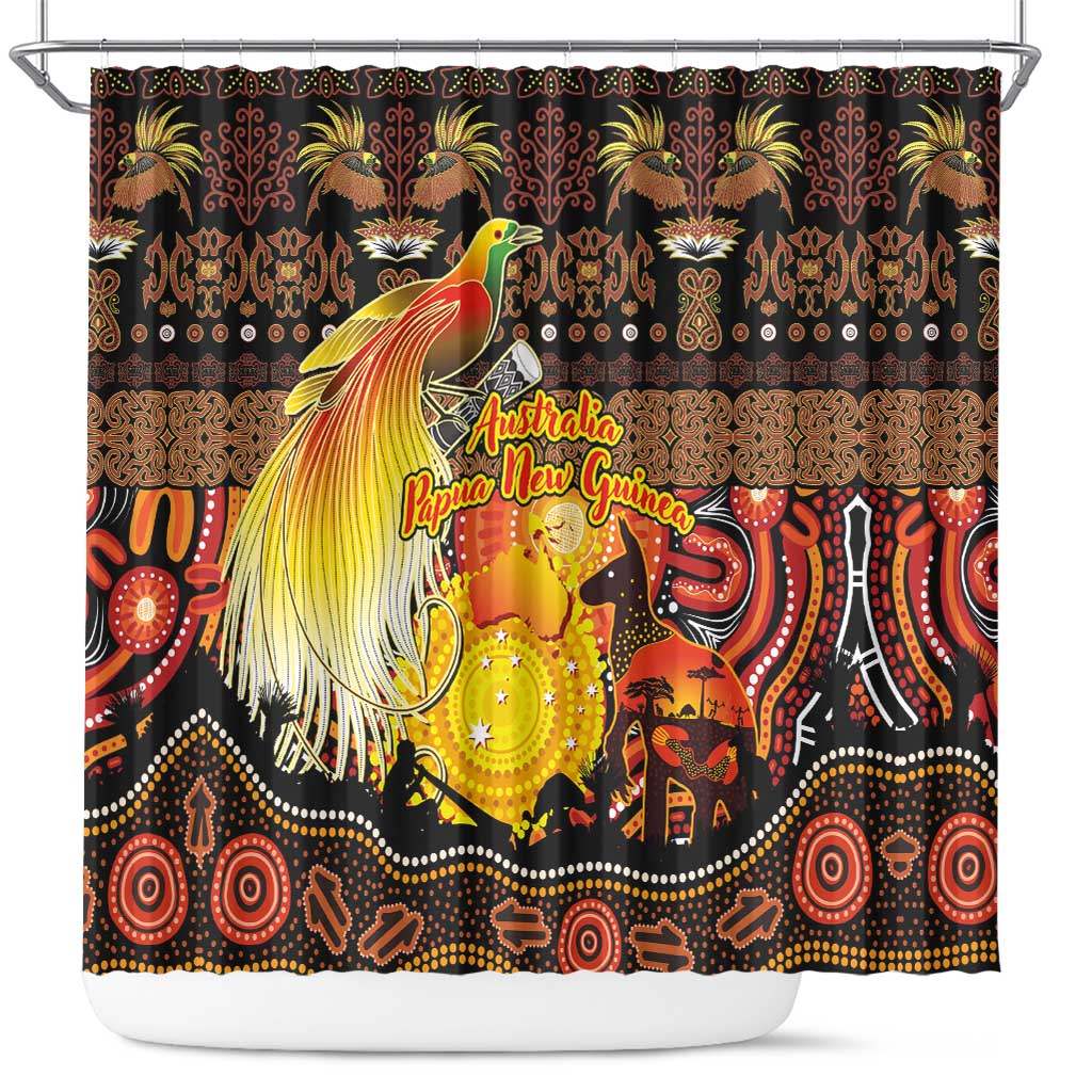 Australia and Papua New Guinea Together Shower Curtain Kangaroo Aboriginal Art and Bird-of-paradise Oro Tribal Motifs - Polynesian Pride