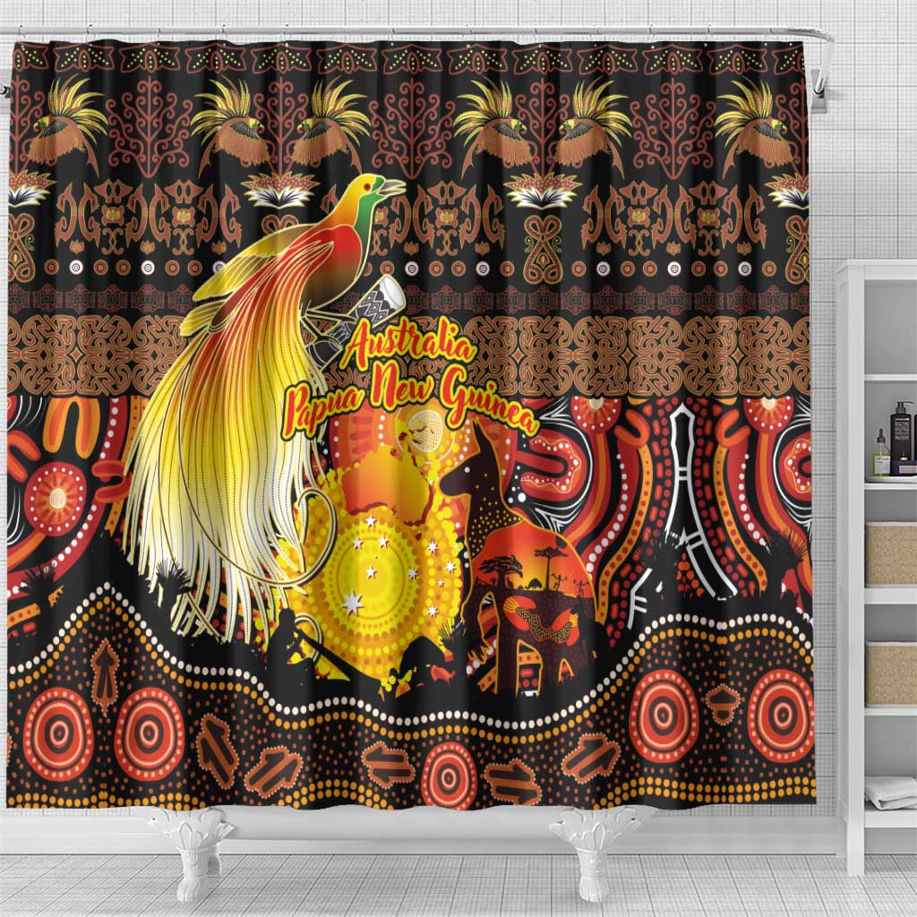 Australia and Papua New Guinea Together Shower Curtain Kangaroo Aboriginal Art and Bird-of-paradise Oro Tribal Motifs - Polynesian Pride
