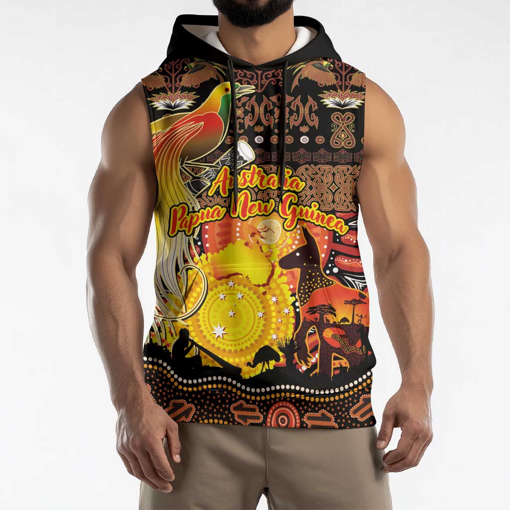 Personalized Australia and Papua New Guinea Together Sleeveless Hoodie Kangaroo Aboriginal Art and Bird-of-paradise Oro Tribal Motifs - Polynesian Pride
